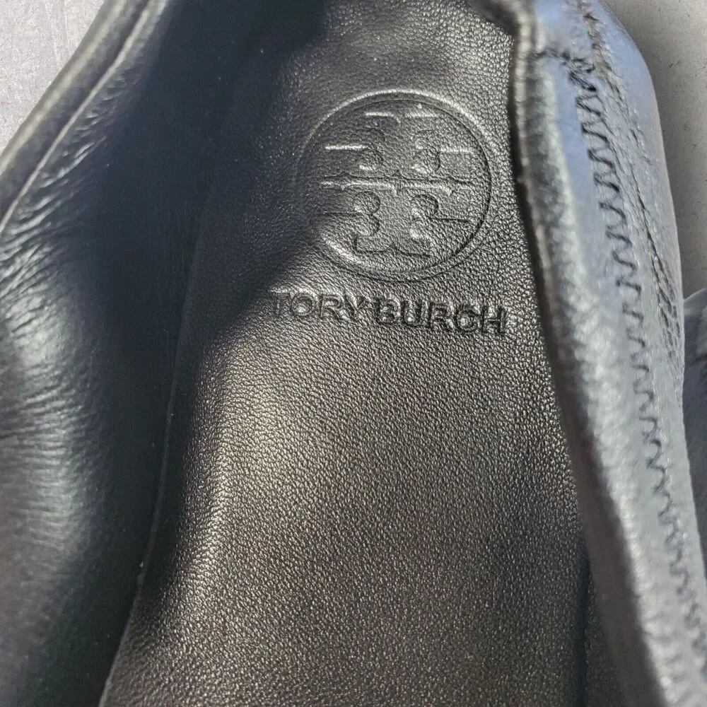 Tory Burch Womens Black Leather Shoes Size 5 Logo Minnie Travel Ballet Flats